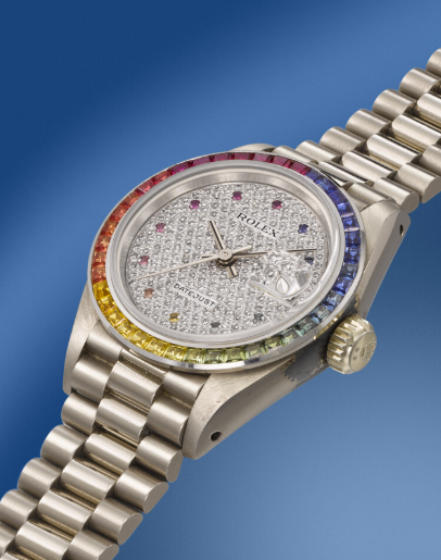 The Rolex Datejust Datejust Reference 69119 Crafted out of white gold with Diamond set dial and Rainbow diamond hour markers.